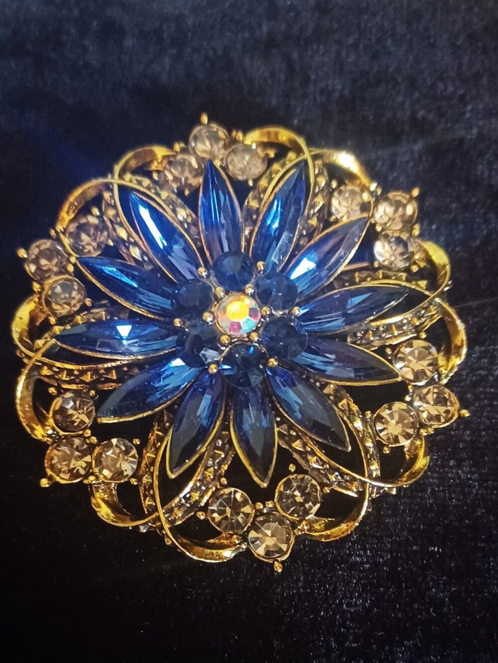 Lovely Blue Rhinestone & Gold-Tone Brooch